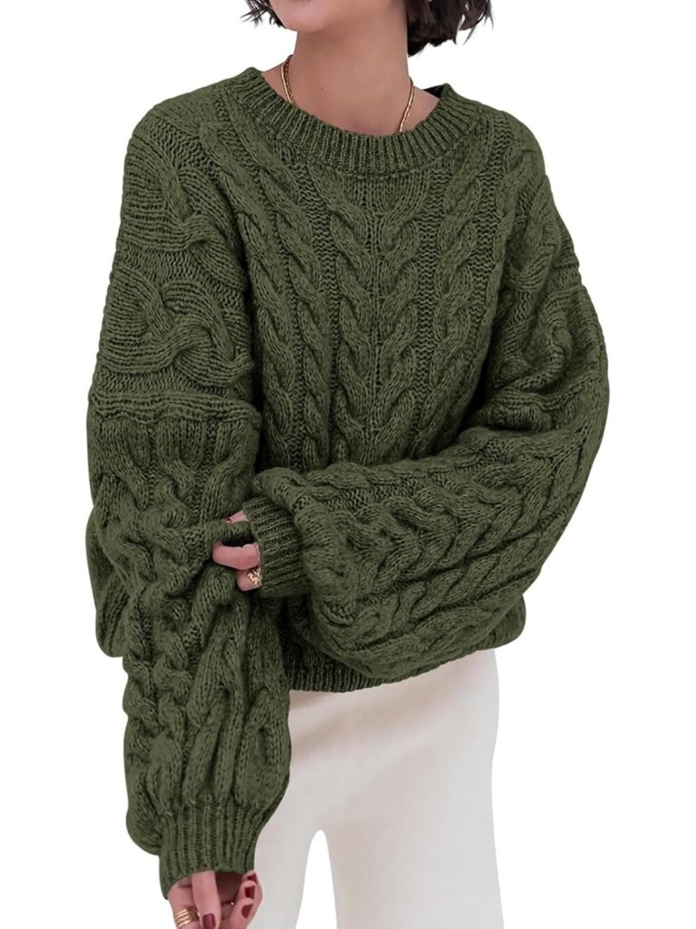 Women's Army Green Cable Knit Long Sleeve Crewneck Oversized Chunky Sweaters